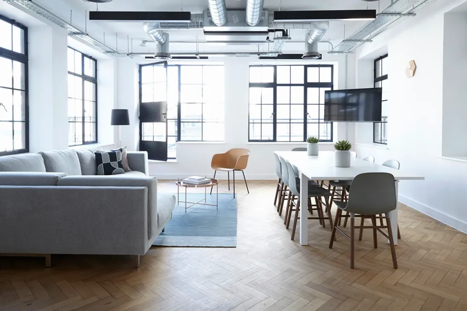 Open coworking floor with shared desks